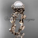 14kt rose gold pearl, diamond leaf and vine, floral, halo engagement ring VFP301012
