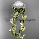 14kt yellow gold pearl, diamond leaf and vine, floral, halo engagement ring VFP301012