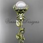 14kt yellow gold pearl, diamond leaf and vine, floral, halo engagement ring VFP301012