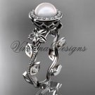 platinum pearl, diamond leaf and vine, floral, halo engagement ring VFP301012