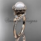 14kt rose gold pearl, diamond leaf and vine, halo engagement ring VFP301008