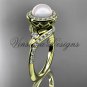 14kt yellow gold pearl, diamond leaf and vine, halo engagement ring VFP301008
