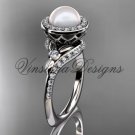 Platinum  pearl, diamond leaf and vine, halo engagement ring VFP301008