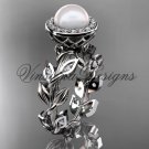 Platinum  pearl, diamond leaf and vine halo engagement ring VFP301007