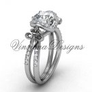 14kt white gold diamond Fleur de Lis, halo engagement ring, One Moissanite VD208140