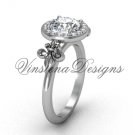 Platinum  diamond, halo ring, Fleur de Lis engagement ring, One Moissanite VD208129