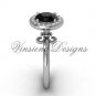 14kt white gold diamond, halo ring, Fleur de Lis engagement ring, enhanced Black Diamond VD208129
