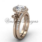 14kt rose gold diamond, halo ring, Fleur de Lis engagement ring, wedding set VD208129S