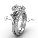 14kt white gold diamond, halo ring, Fleur de Lis engagement ring, One Moissanite VD208129S