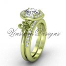 14kt yellow gold diamond, halo ring, Fleur de Lis engagement ring, One Moissanite VD208129S