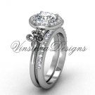 Platinum  diamond, halo ring, Fleur de Lis engagement ring, One Moissanite VD208129S