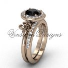 14kt rose gold diamond, halo ring, Fleur de Lis engagement ring, enhanced Black Diamond VD208129S