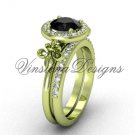 14kt yellow gold diamond, halo ring, Fleur de Lis engagement ring, enhanced Black Diamond VD208129S
