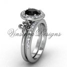 Platinum diamond, halo ring, Fleur de Lis engagement ring, enhanced Black Diamond VD208129S