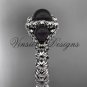14kt white gold three stone, Round Tahitian Black Cultured Pearl engagement ring VBP1007