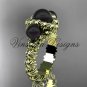 14kt yellow gold three stone, Round Tahitian Black Cultured Pearl engagement ring VBP1007