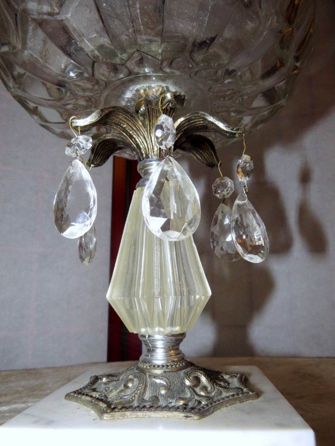 Vtg Hollywood Regency Lead Crystal Prisms Brass Marble Pedestal Compote