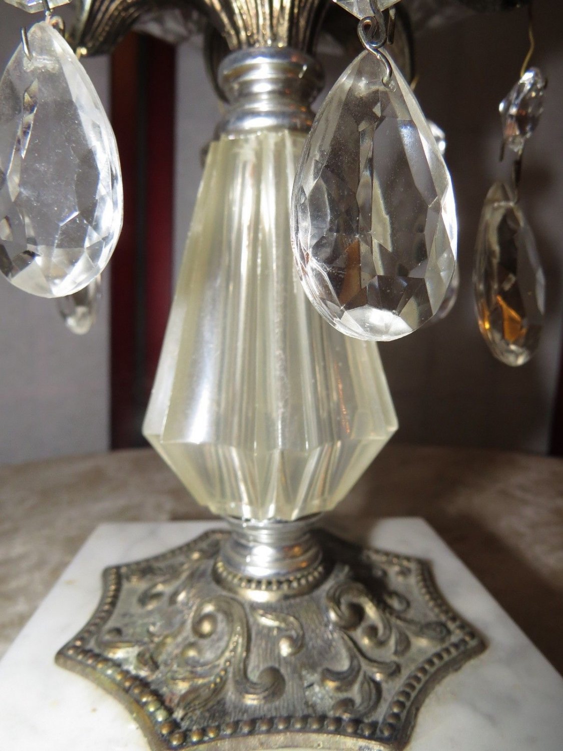 Vtg Hollywood Regency Lead Crystal Prisms Brass Marble Pedestal Compote