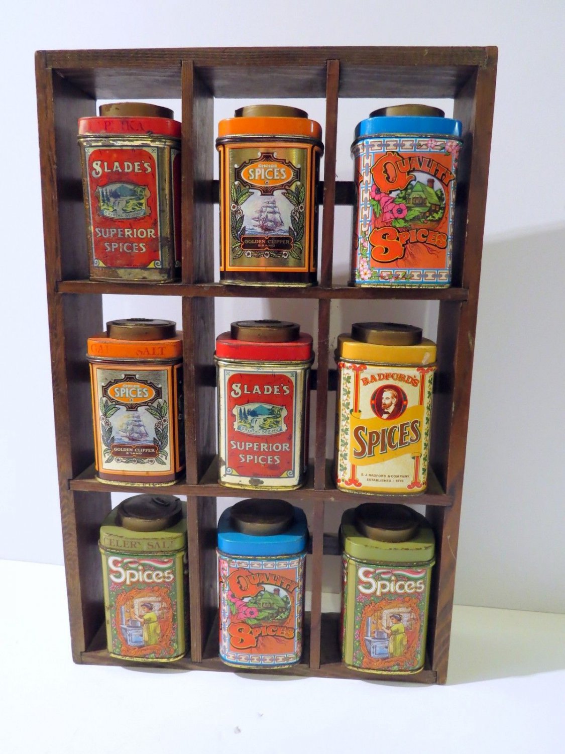 Vintage Wood Wall Spice Rack 9 Tin Canisters Retro Herbs Country Cabin ...