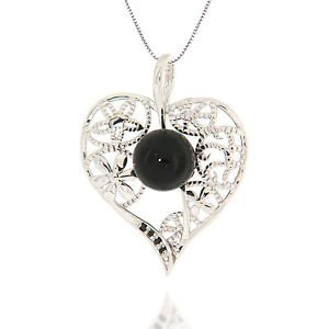 8mm Round Black Onyx Black Spinel 925 Sterling Silver 18" Heart Pendant Necklace