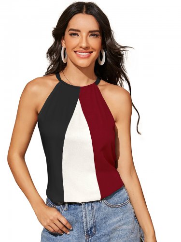 Sleeveless panelled top, Black White Maroon