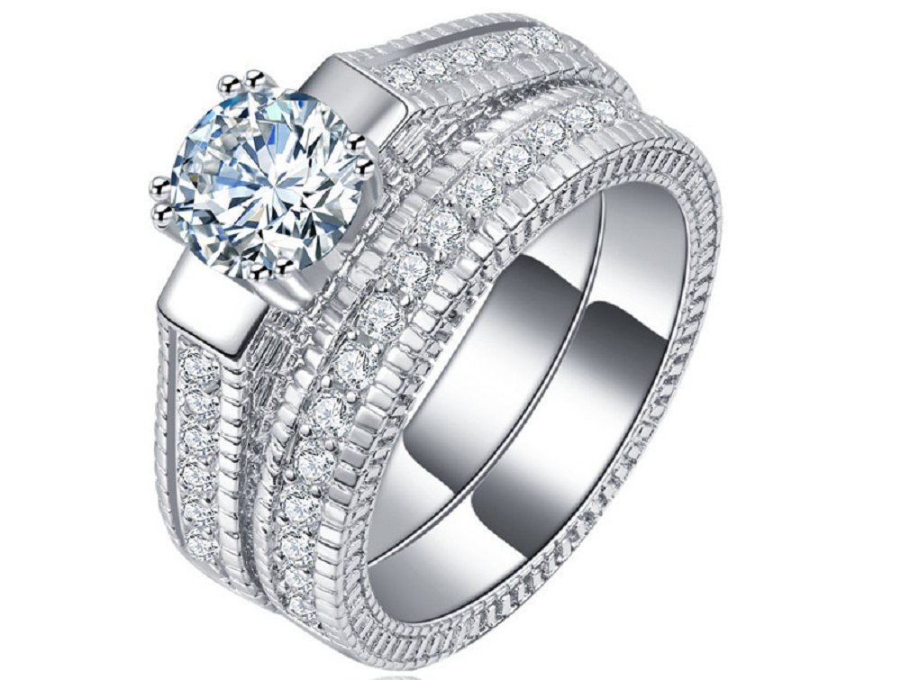 Luxury 18K White Gold Plated Bling Clear Silver Cubic Zirconia Couple Party Lover's Ring (7)