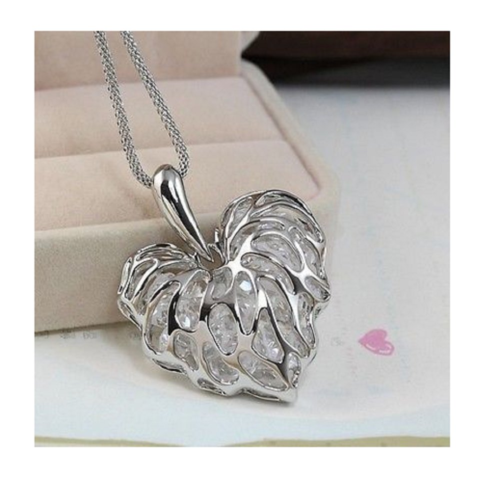 Hollow Silver Plated Heart Crystal Rhinestone Pendant Long Chain Necklace