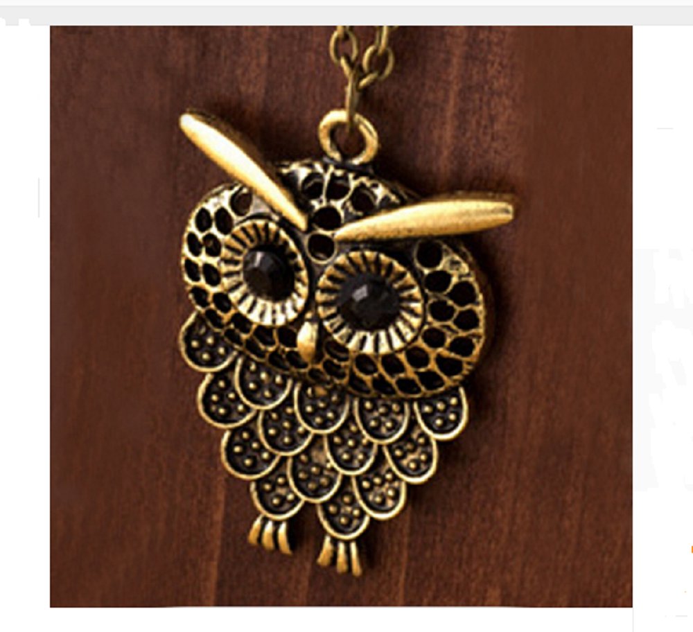 Antique Gold Plated Owl Pendant Necklace Long Chain Jewelry for Women