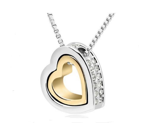 18k Gold Plated Austrian Crystal Rhinestones Float Floating Double Heart Pendant Necklace