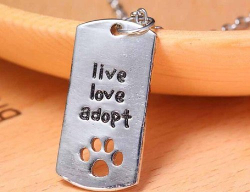 Silver Plated Rectangular Dog Tag Style Pendant Necklaces" Live Love Adopt" Pet Rescue Paw Print Tag