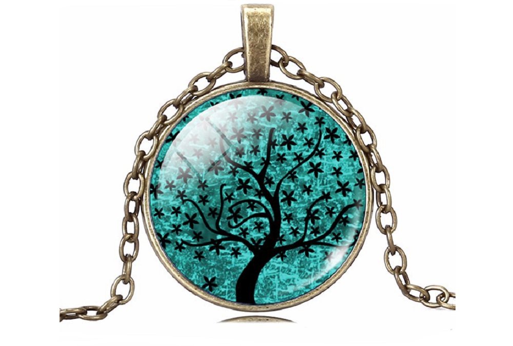 Life Tree Glass Cabochon Bronze Chain Vintage Choker Statement Necklace