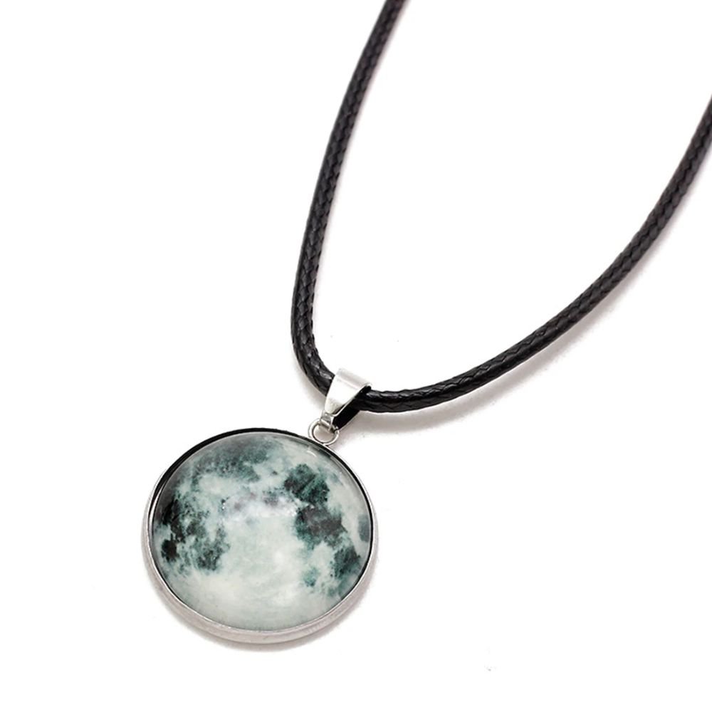Vintage Glowing in the Dark Galaxy Moon Glass Cabochon Luminous Pendant Necklace