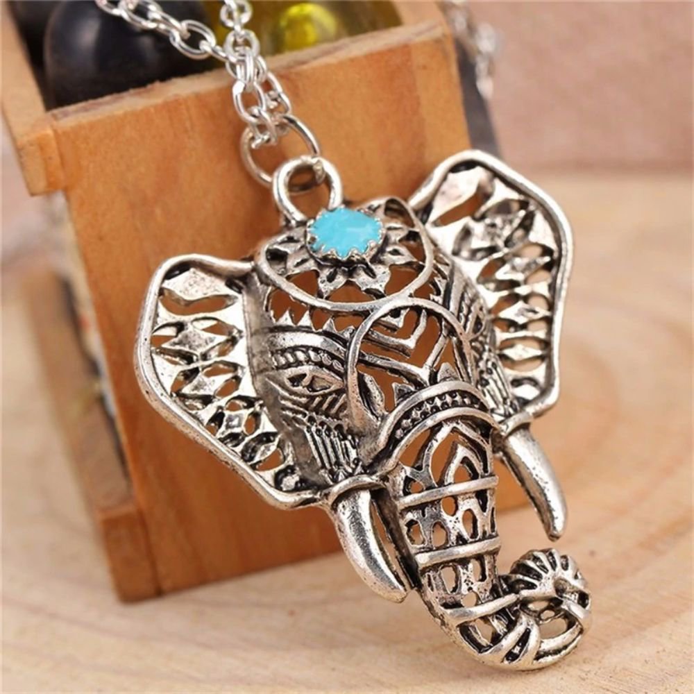 Bohemian Style Antique Silver Ethnic Long Blue Stone Elephant Pendant Necklace