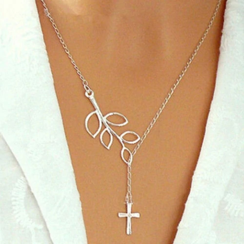 Fashion Silver Leaf Cross Silver Simple Bar Pendant Necklace for women