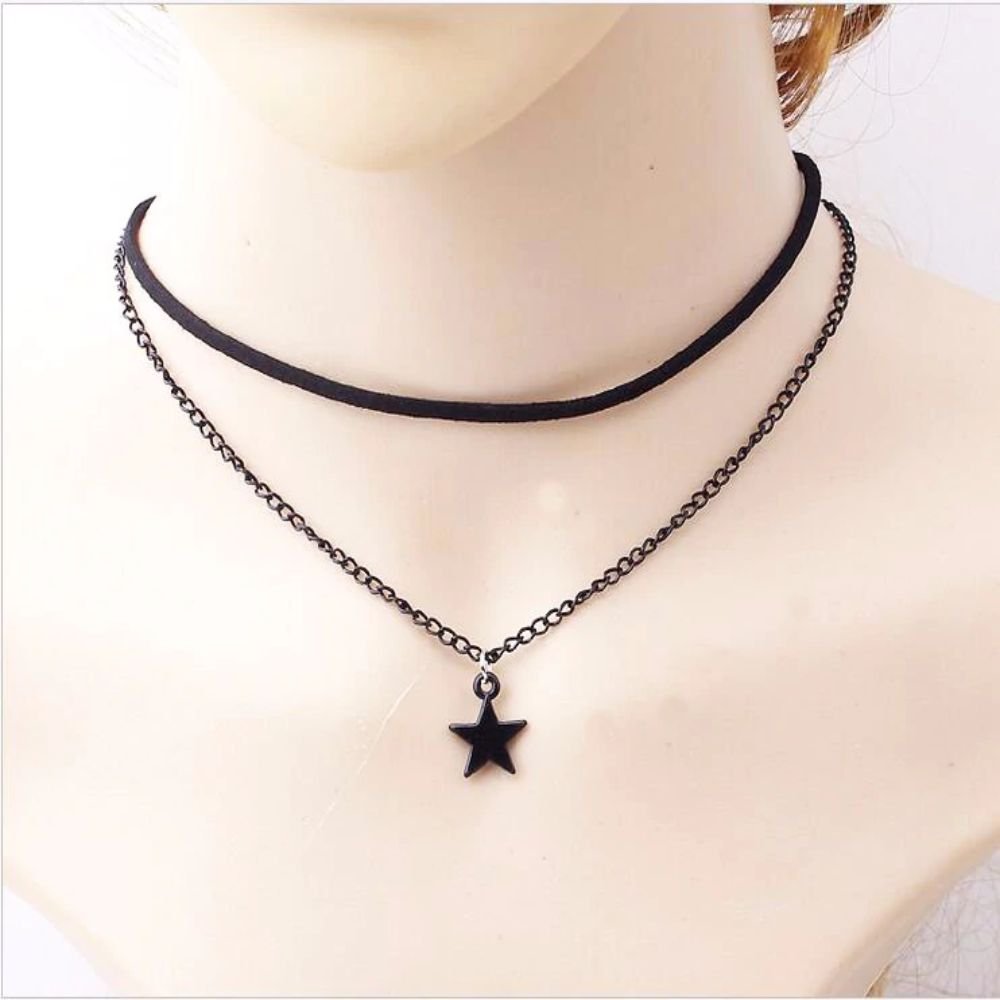 Vintage Rhinestones Collar Choker Leather Rop star Double Chain Necklace & Pendant