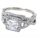 2Pcs Silver Plated Cubic Zircon Crystal Solitaire W/ Accents Rings Set For Women (5)
