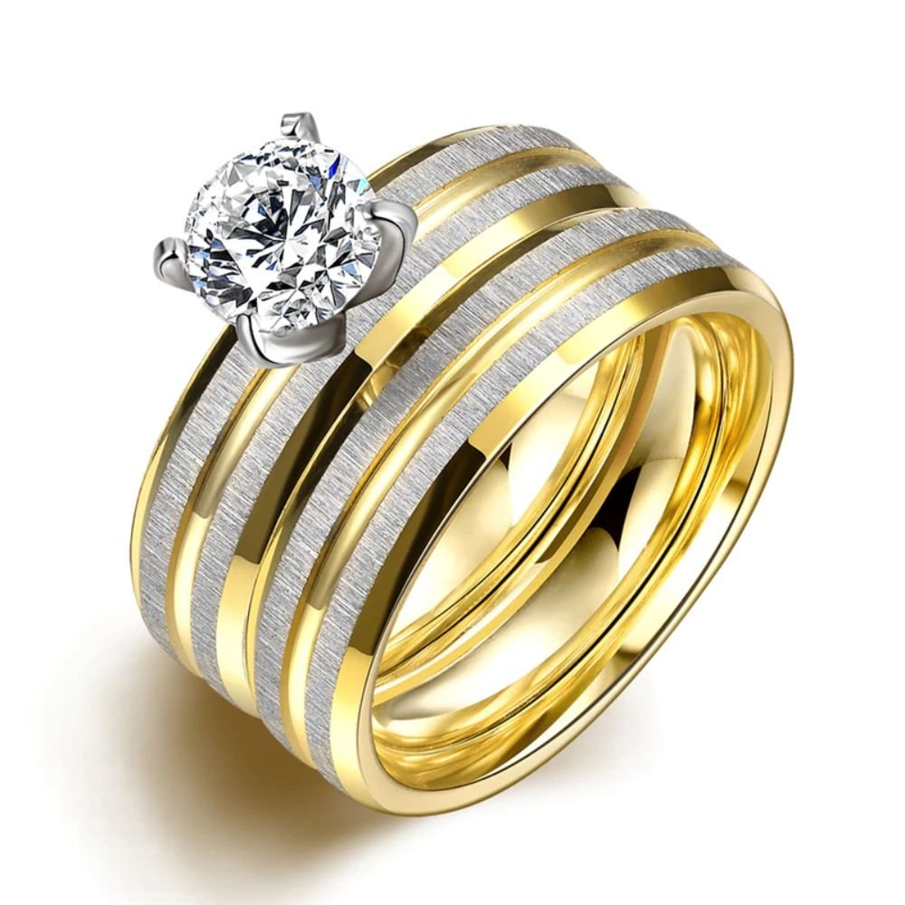 2PCS/1SET Titanium Steel Golden Marriage Engagement Ring (6)