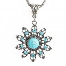 Antique Vintage Sweater Silver Turquoise Long Hollow Flower Pendant Necklace For Women