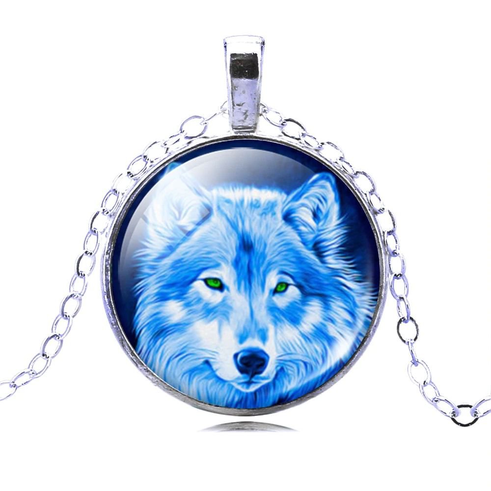 Vintage Wolf Picture Glass Cabochon Statement Chain Pendant Necklace For Women