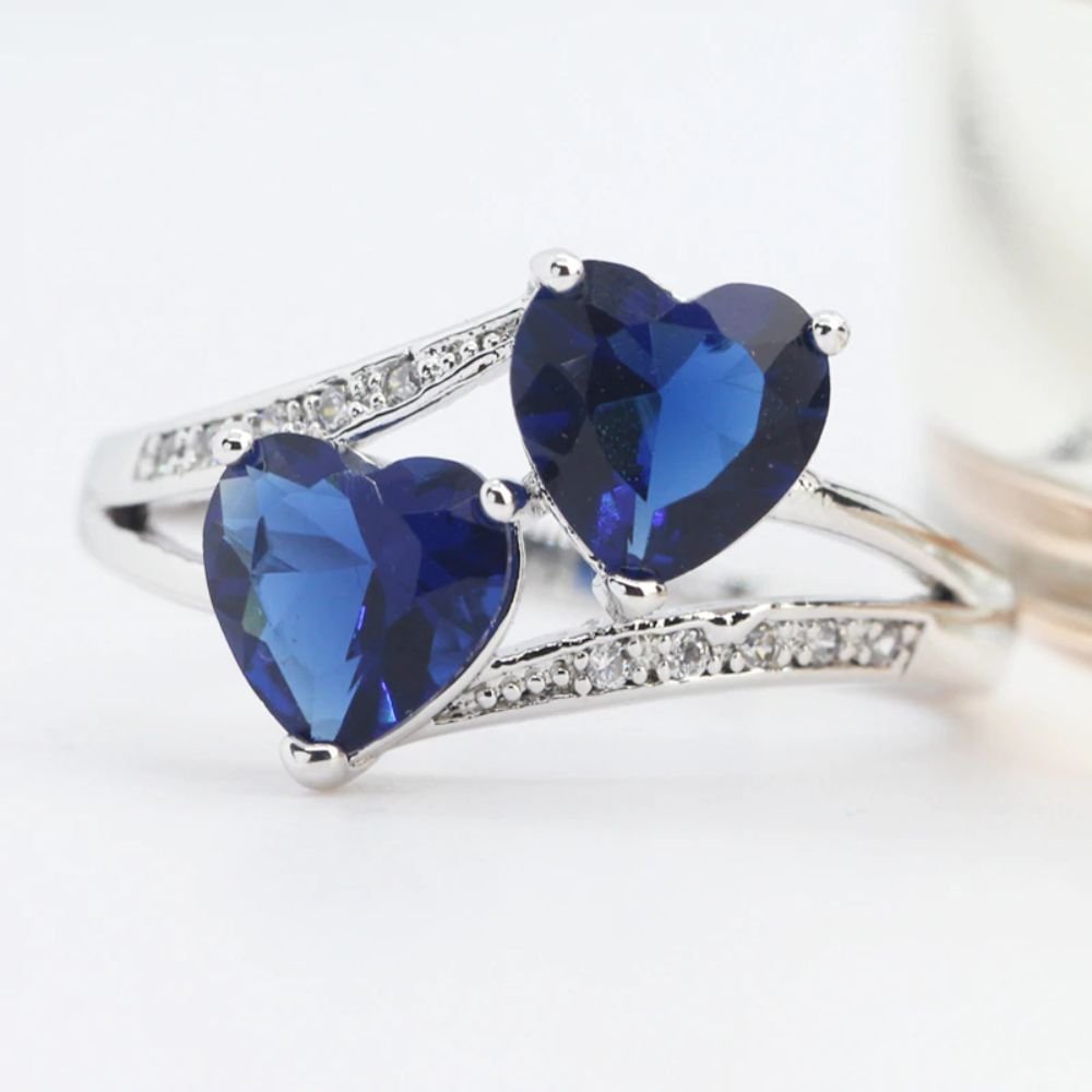 Fashion Trendy Double Heart Silver Color Ring For Women (Royal Blue) (8)