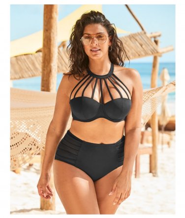 NEW NWT Plus Size Cut Out BLACK Bikini 42DD Top and 2X Bottom