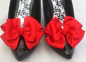 Red ShOes CLiPs 4 Shoes Satin Bows Vintage Pinup Retro Burlesque Rockabilly ooak
