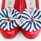 Nautical Stripe Shoe Clips 4 Shoes Ribbon Bows Party Pinup Retro Prom Navy White