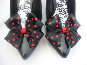 Polkadot Shoe Clips 4 Shoes Black Red Bows Spots Pinup Vintage Retro Rockabilly