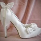 Ivory Bridal Shoes White Satin Boutique Rose Fairytale Bow Wedding Vintage Chic