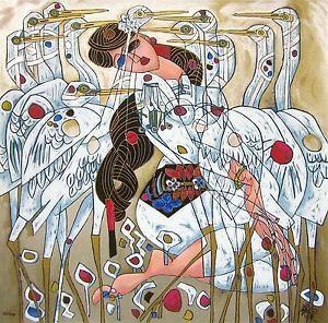 Morning with Cranes, Ltd Ed Silk-screen, Jiang Tiefeng