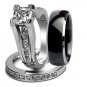 3 pcs Black Mens Tungsten & Womens Stainless Steel Engagement Wedding Rings Set