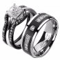 4 Piece His Titanium Hers Black Stainless Steel Matching Wedding Ring Bands Set