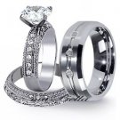 New 3 Pcs Men Tungsten Women Stainless Steel 3.25Ct Engagement Wedding Ring Set
