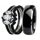 His Titanium Her Black Stainless Steel Wedding Engagement Ring Band Set